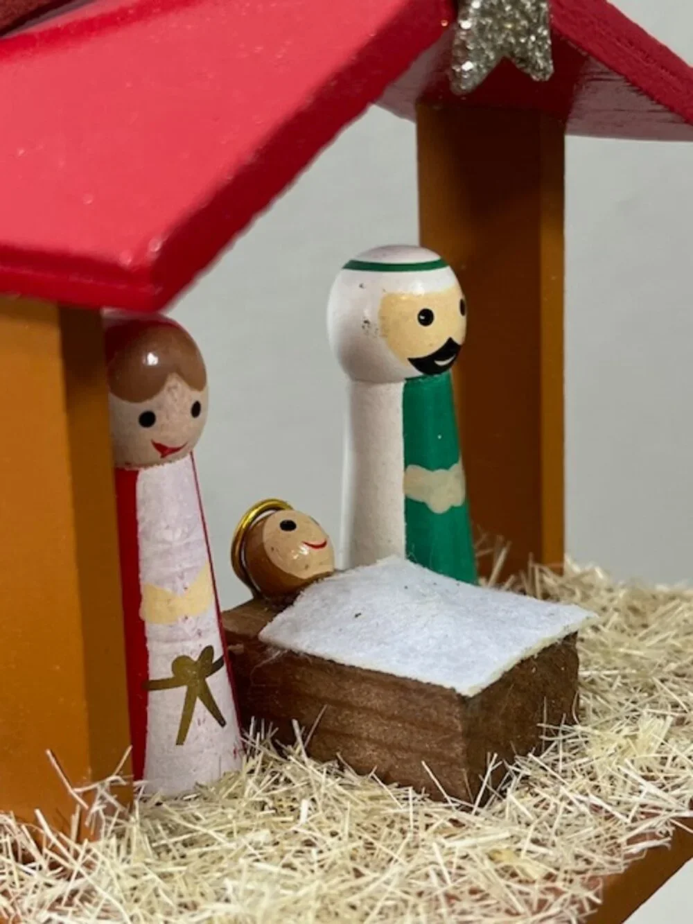 Mini Handmade Wooden Peg Nativity Manger Scene Christmas Ornament Star Decor3.5